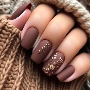 Medium Matte Brown Floral Press-On Nails – 48pcs Reusable Gold Design Fake Nails