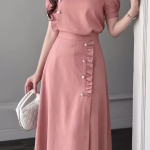 Elegant Women’s Two-Piece Dress Set – Short Sleeve Top & Long Skirt Outfit