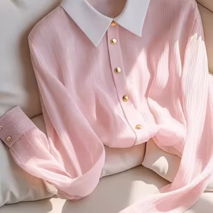 Women’s Color Block Patchwork Shirt – Long Sleeve Collar Top with Gold Button Detail