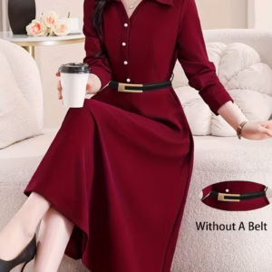 Women's Elegant and Graceful Mid-length Dress with a Cinched Waist, Lapel Collar, and Front Button Placket, Without a Belt