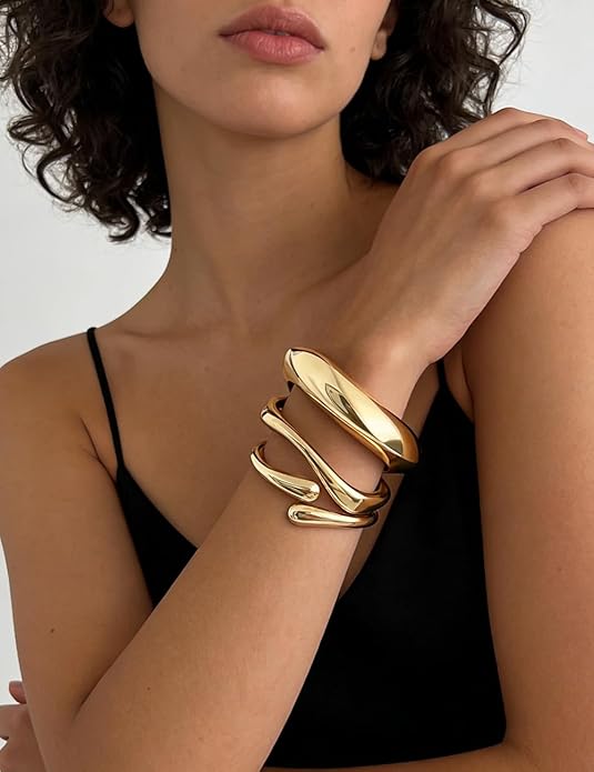 14K Gold Plated Chunky Bangle Set for Women – Stackable Statement Cuff Bracelets, Elegant Fashion Jewelry - Image 3