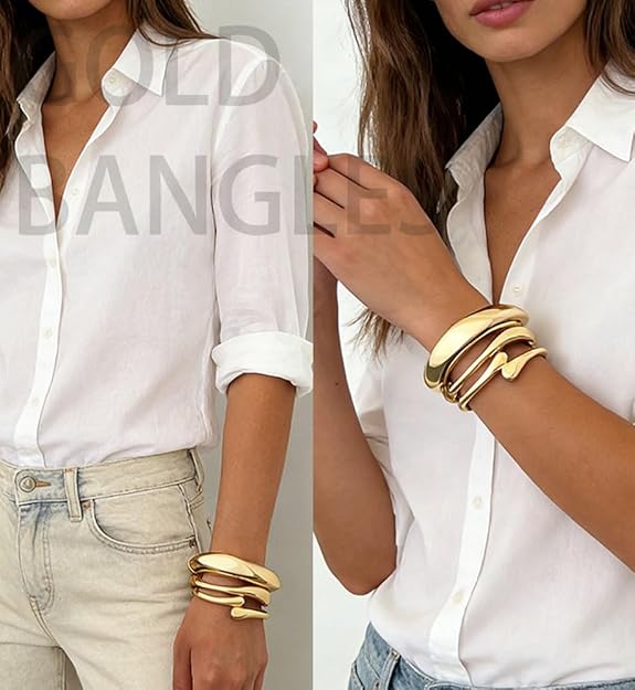 14K Gold Plated Chunky Bangle Set for Women – Stackable Statement Cuff Bracelets, Elegant Fashion Jewelry - Image 4