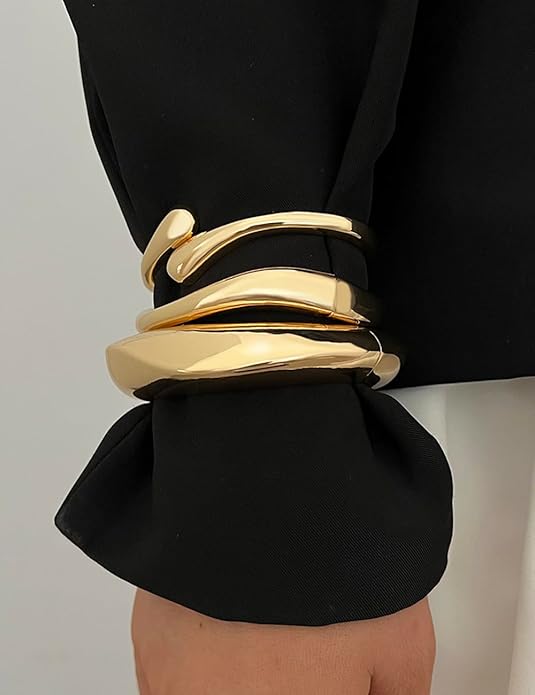 14K Gold Plated Chunky Bangle Set for Women – Stackable Statement Cuff Bracelets, Elegant Fashion Jewelry - Image 5