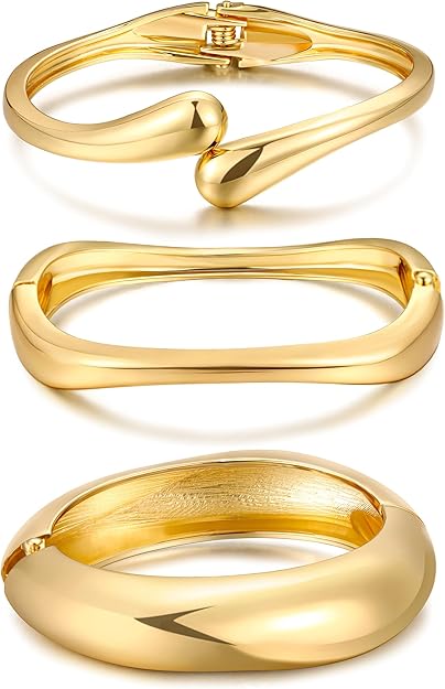 14K Gold Plated Chunky Bangle Set for Women – Stackable Statement Cuff Bracelets, Elegant Fashion Jewelry