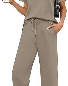 WIHOLL Two Piece Sets for Women Summer Spring Travel Vacation Outfits Short Sleeve Lounge Sets Side Slit Wide Leg Pants S-3XL