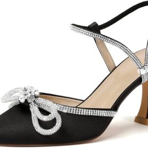 Susanny Women's Closed Toe Rhinstone Wedding Low Heel Slingback Clear Kitten Heels,Adjustable Strap Pointed Toe Bow Pumps High Heeled Prom Dress Shoes
