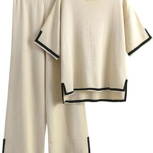 Tanming Sweater Sets Women 2 Piece Lounge Sets Short Sleeve Knit Pullover Tops Wide Leg Pants