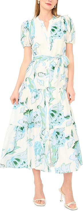 Vince Camuto Women’s Short Sleeve Button Front Belted Maxi Dress