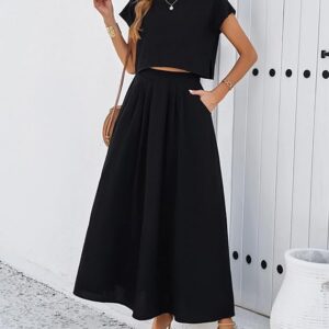 HangNiFang Summer Skirt Sets Women 2 Piece Outfits Cap Sleeve Top Elastic Waist Maxi Dress Sets with Pockets