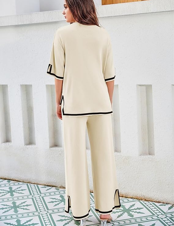 Tanming Sweater Sets Women 2 Piece Lounge Sets Short Sleeve Knit Pullover Tops Wide Leg Pants - Image 2