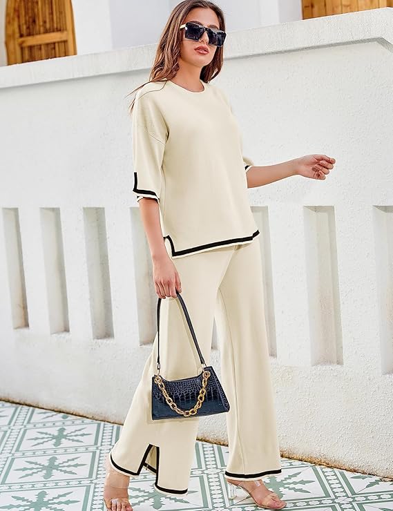Tanming Sweater Sets Women 2 Piece Lounge Sets Short Sleeve Knit Pullover Tops Wide Leg Pants - Image 3