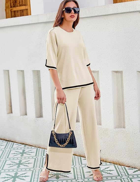 Tanming Sweater Sets Women 2 Piece Lounge Sets Short Sleeve Knit Pullover Tops Wide Leg Pants - Image 4