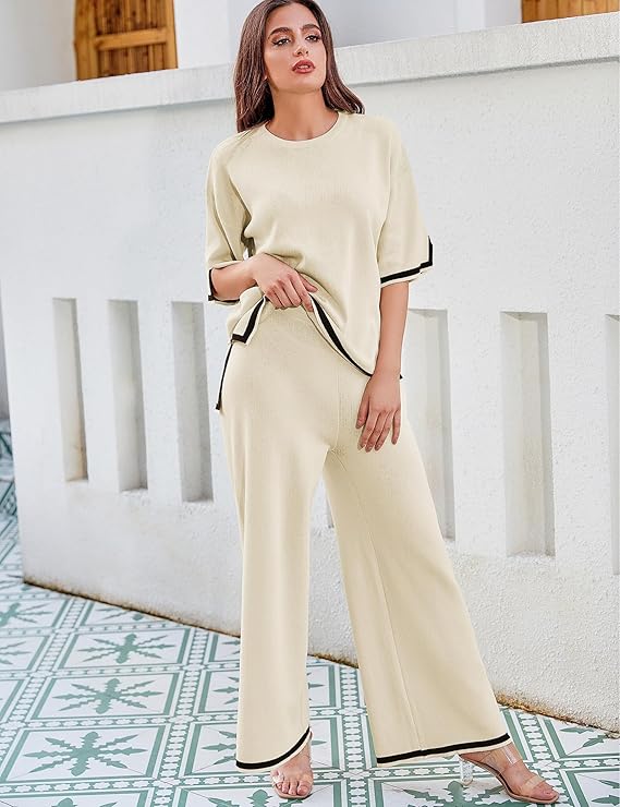 Tanming Sweater Sets Women 2 Piece Lounge Sets Short Sleeve Knit Pullover Tops Wide Leg Pants - Image 5