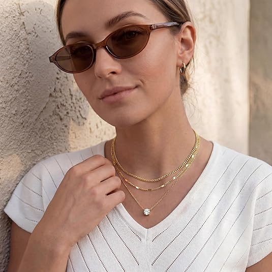 Layered Gold Necklace Set for Women – 14K Gold Plated Dainty Pendant & Cuban Chain Choker, Non-Tarnish Stackable Jewelry