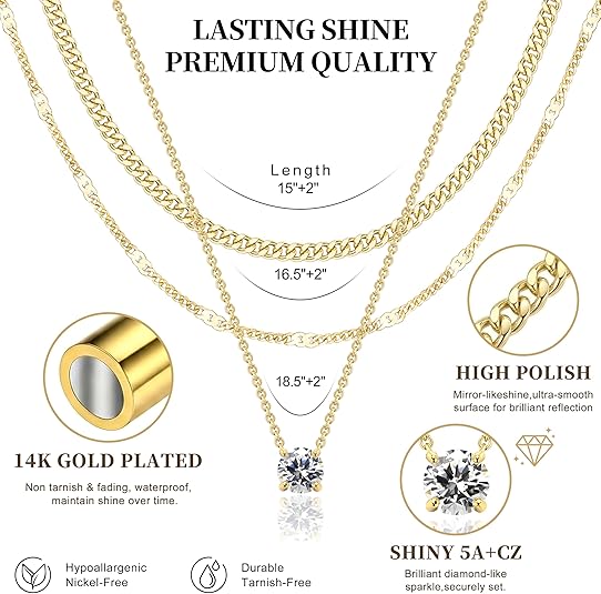 Layered Gold Necklace Set for Women – 14K Gold Plated Dainty Pendant & Cuban Chain Choker, Non-Tarnish Stackable Jewelry - Image 6