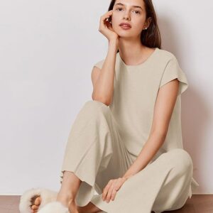 Ekouaer Women's Two Piece Knit Lounge Set – Cap Sleeve Top with Wide Leg Pants