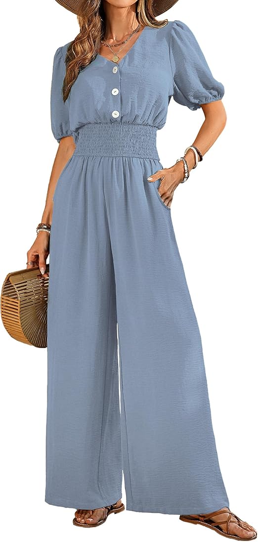 LOOKBOHO Women's Wide Leg Jumpsuit – Short Sleeve V-Neck Casual One-Piece Outfit - Image 6