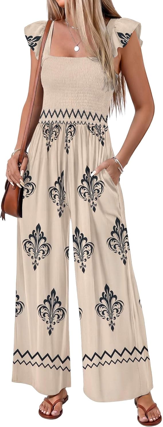 Ekouaer Women's Casual Boho Jumpsuit – Printed Smocked Wide Leg Romper with Pockets - Image 2