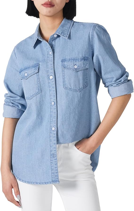 HISEA Women's Casual Denim Shirt – Long Sleeve Chambray Button Down Top