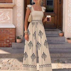 Ekouaer Women's Casual Boho Jumpsuit – Printed Smocked Wide Leg Romper with Pockets