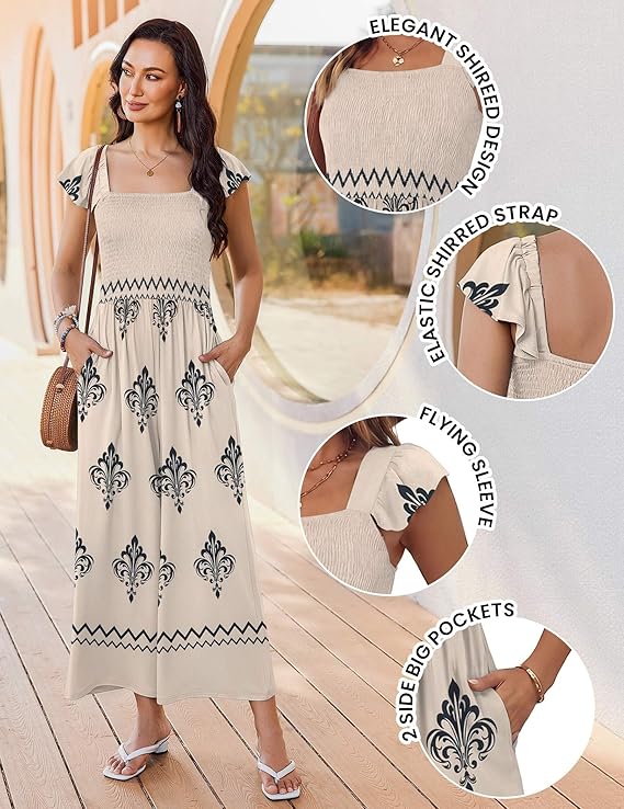 Ekouaer Women's Casual Boho Jumpsuit – Printed Smocked Wide Leg Romper with Pockets - Image 3