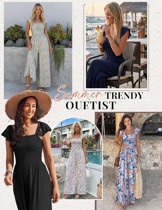 Ekouaer Women's Casual Boho Jumpsuit – Printed Smocked Wide Leg Romper with Pockets - Image 4